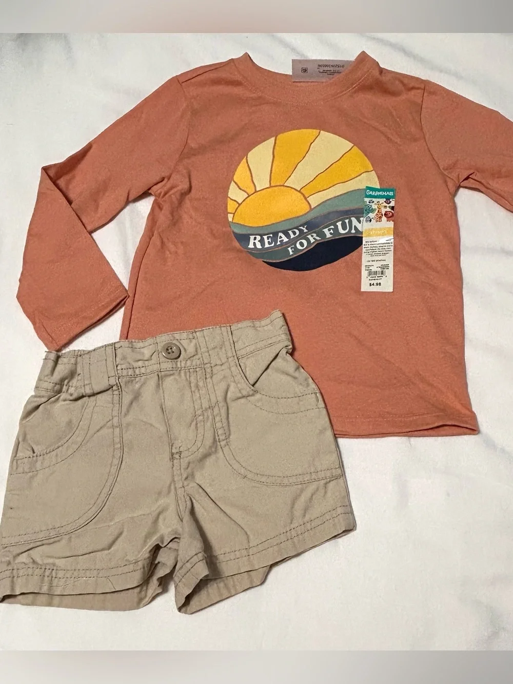 3T (3 years) Light Orange Long-Sleeve Tee with Sunrise Graphic and Khaki Shorts